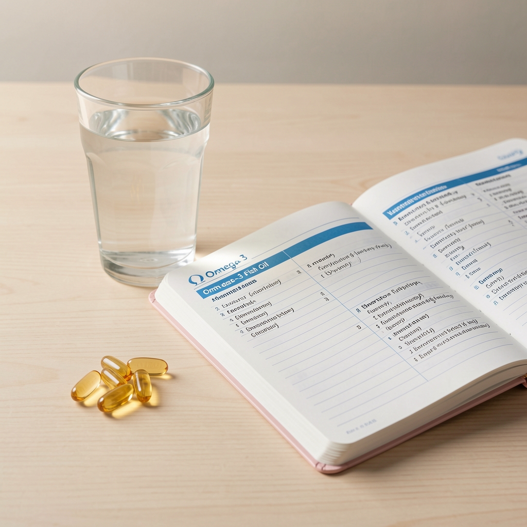 Omega-3 fish oil daily supplements and a glass of water next to an open nutrition journal on a light-toned desk surface